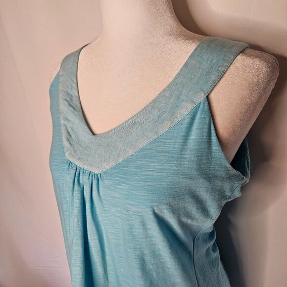 2/$30 Tommy Bahama Arden Flounce Dress Sleeveless Mixed Media Blue Linen - Picture 6 of 14